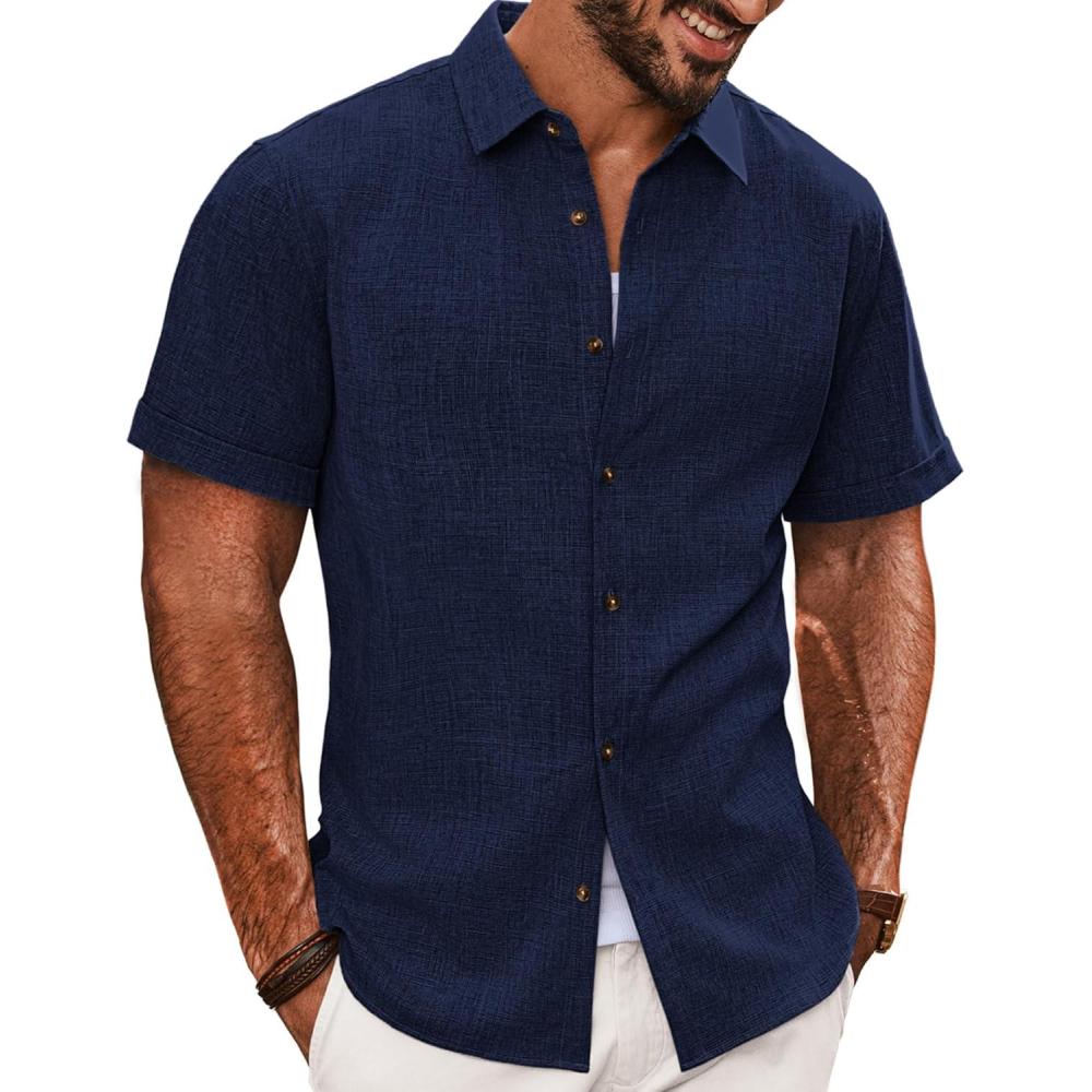 imagePJ PAUL JONES Mens Button Down Short Sleeve Shirt Casual Wrinkle Free Dress Shirt Summer Shirts with PocketNavy Blue
