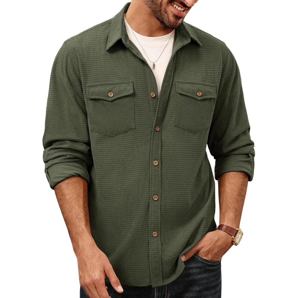 imagePJ PAUL JONES Mens Button Down Waffle Textured Shirt Casual Long Sleeve Wrinkle Free Untucked Shirts with Flap PocketsArmy Green
