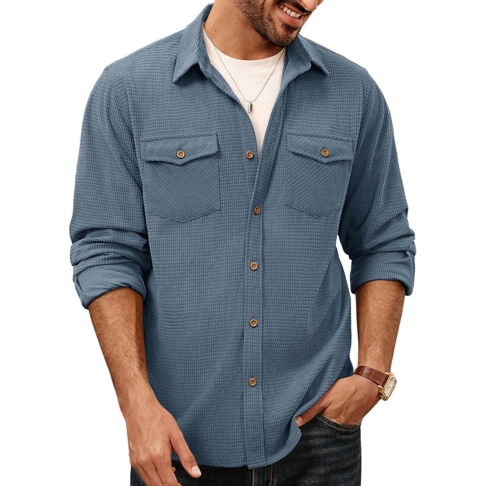 imagePJ PAUL JONES Mens Button Down Waffle Textured Shirt Casual Long Sleeve Wrinkle Free Untucked Shirts with Flap PocketsBlue Gray