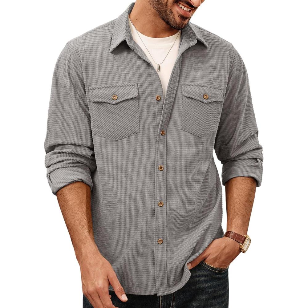 imagePJ PAUL JONES Mens Button Down Waffle Textured Shirt Casual Long Sleeve Wrinkle Free Untucked Shirts with Flap PocketsLight Gray