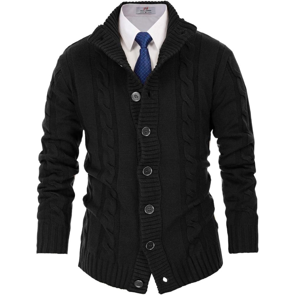imagePJ PAUL JONES Mens Cable Knit Cardigan Sweaters Casual Stand Collar Slim Fit Long Sleeve Button Down SweatersBlack