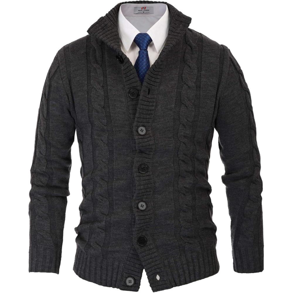 imagePJ PAUL JONES Mens Cable Knit Cardigan Sweaters Casual Stand Collar Slim Fit Long Sleeve Button Down SweatersBlack Grey