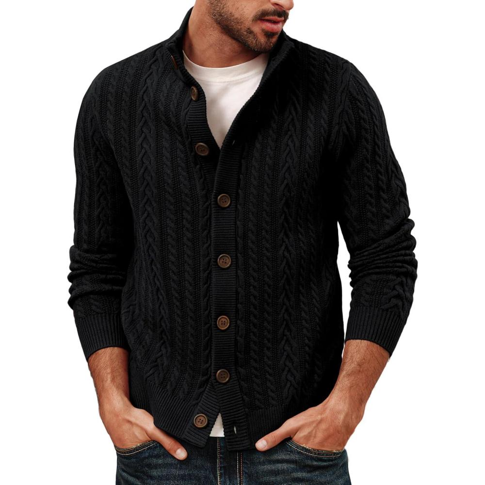 imagePJ PAUL JONES Mens Cable Knit Cardigan Sweaters Casual Stand Collar Slim Fit Long Sleeve Button Down SweatersBlackcable
