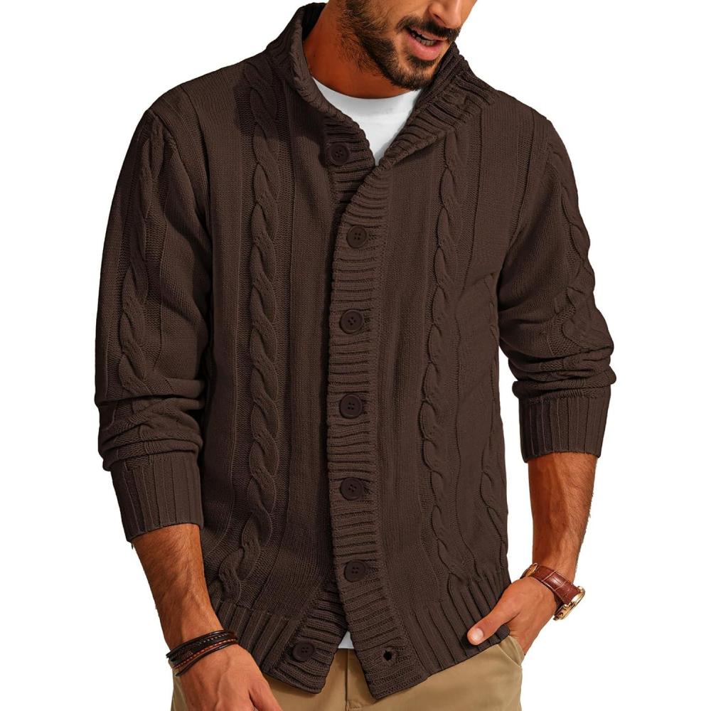 imagePJ PAUL JONES Mens Cable Knit Cardigan Sweaters Casual Stand Collar Slim Fit Long Sleeve Button Down SweatersCoffee