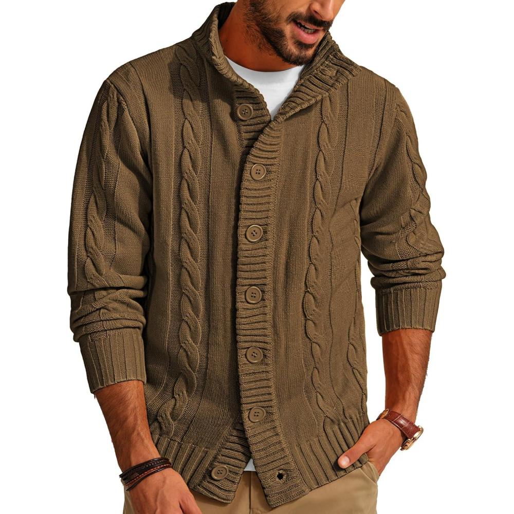 imagePJ PAUL JONES Mens Cable Knit Cardigan Sweaters Casual Stand Collar Slim Fit Long Sleeve Button Down SweatersCoyote