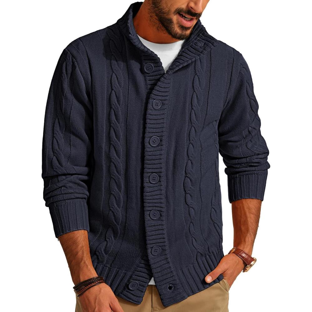 imagePJ PAUL JONES Mens Cable Knit Cardigan Sweaters Casual Stand Collar Slim Fit Long Sleeve Button Down SweatersDark Blue
