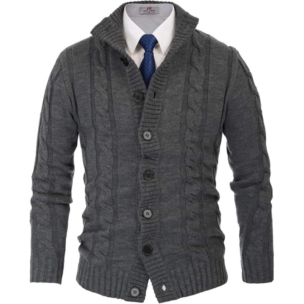 imagePJ PAUL JONES Mens Cable Knit Cardigan Sweaters Casual Stand Collar Slim Fit Long Sleeve Button Down SweatersDark Gray