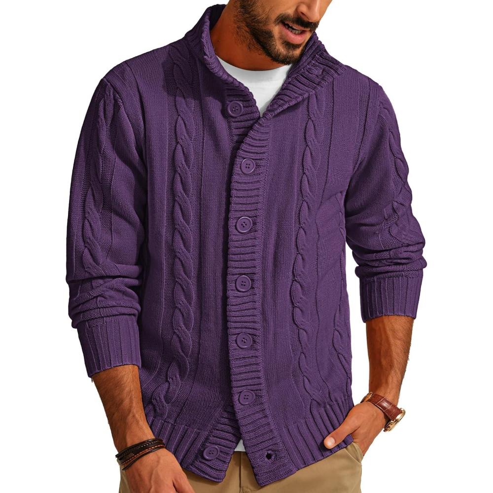 imagePJ PAUL JONES Mens Cable Knit Cardigan Sweaters Casual Stand Collar Slim Fit Long Sleeve Button Down SweatersDeep Purple