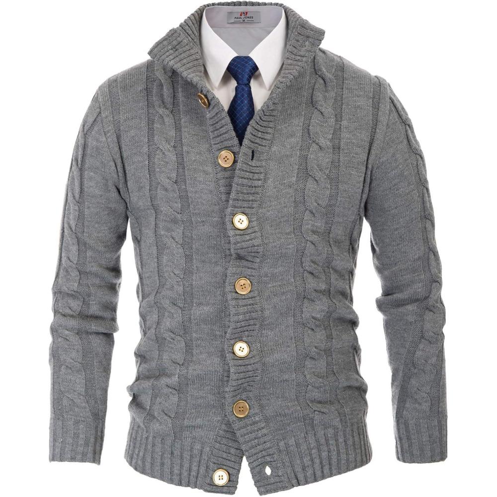 imagePJ PAUL JONES Mens Cable Knit Cardigan Sweaters Casual Stand Collar Slim Fit Long Sleeve Button Down SweatersLight Gray