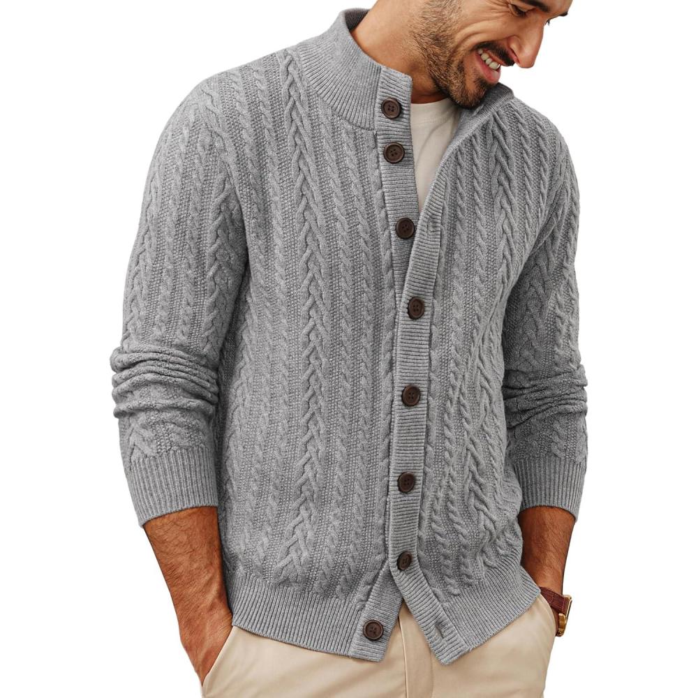 imagePJ PAUL JONES Mens Cable Knit Cardigan Sweaters Casual Stand Collar Slim Fit Long Sleeve Button Down SweatersLight Greycable