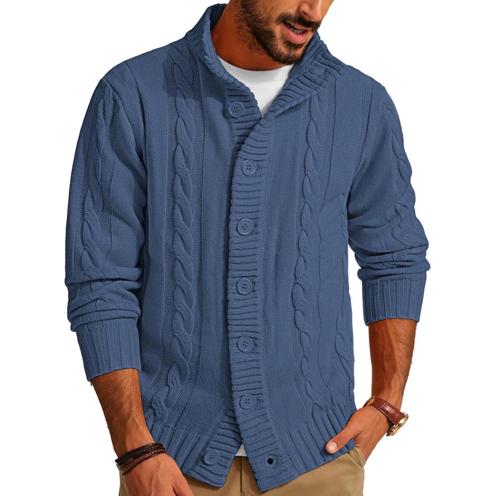 imagePJ PAUL JONES Mens Cable Knit Cardigan Sweaters Casual Stand Collar Slim Fit Long Sleeve Button Down SweatersLight Navy Blue