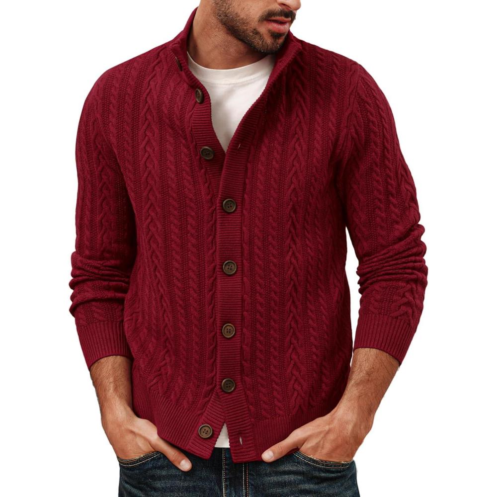 imagePJ PAUL JONES Mens Cable Knit Cardigan Sweaters Casual Stand Collar Slim Fit Long Sleeve Button Down SweatersWine Redcable