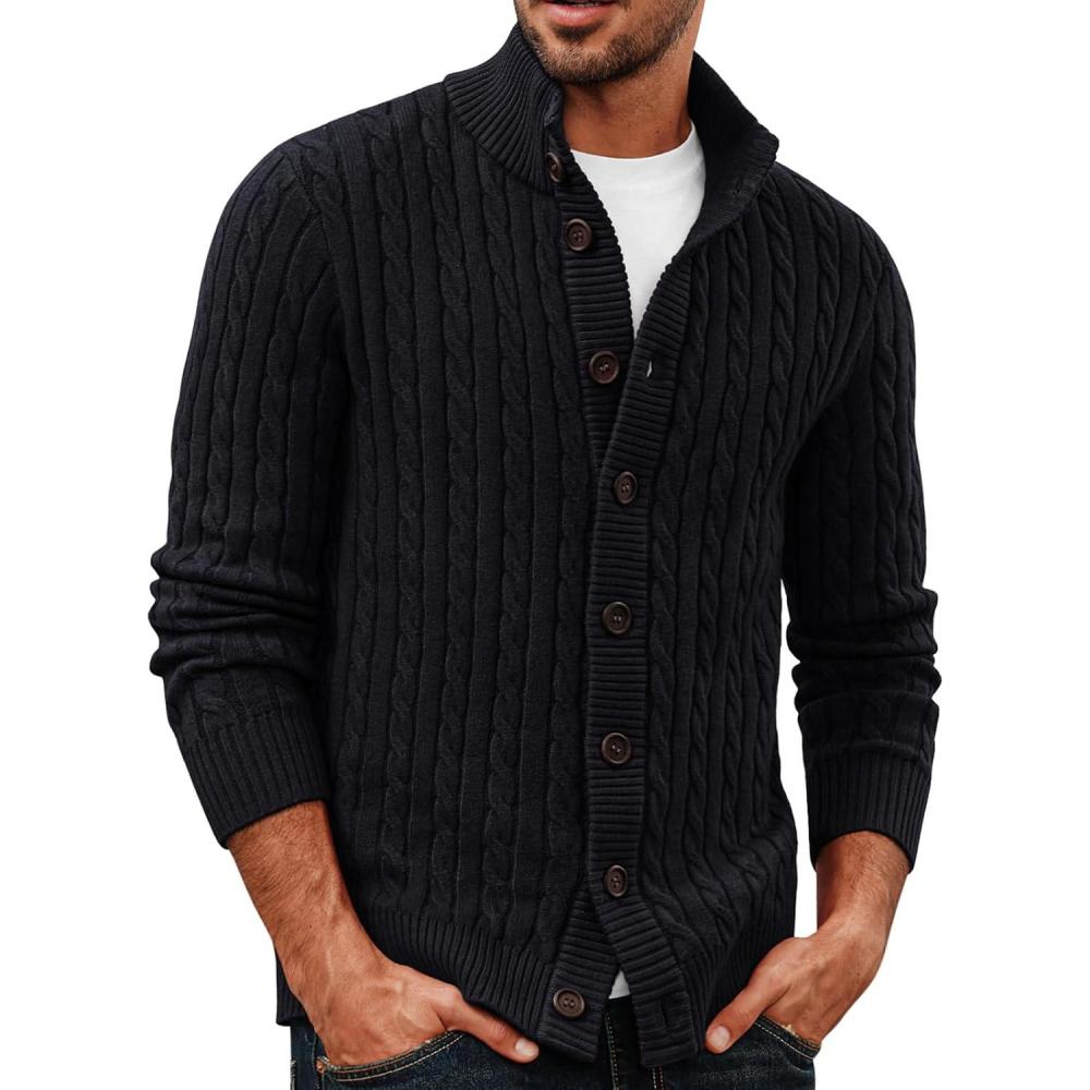 imagePJ PAUL JONES Mens Cardigan Sweater Button Up Stand Collar Sweater Knit Textured SweatersBlack