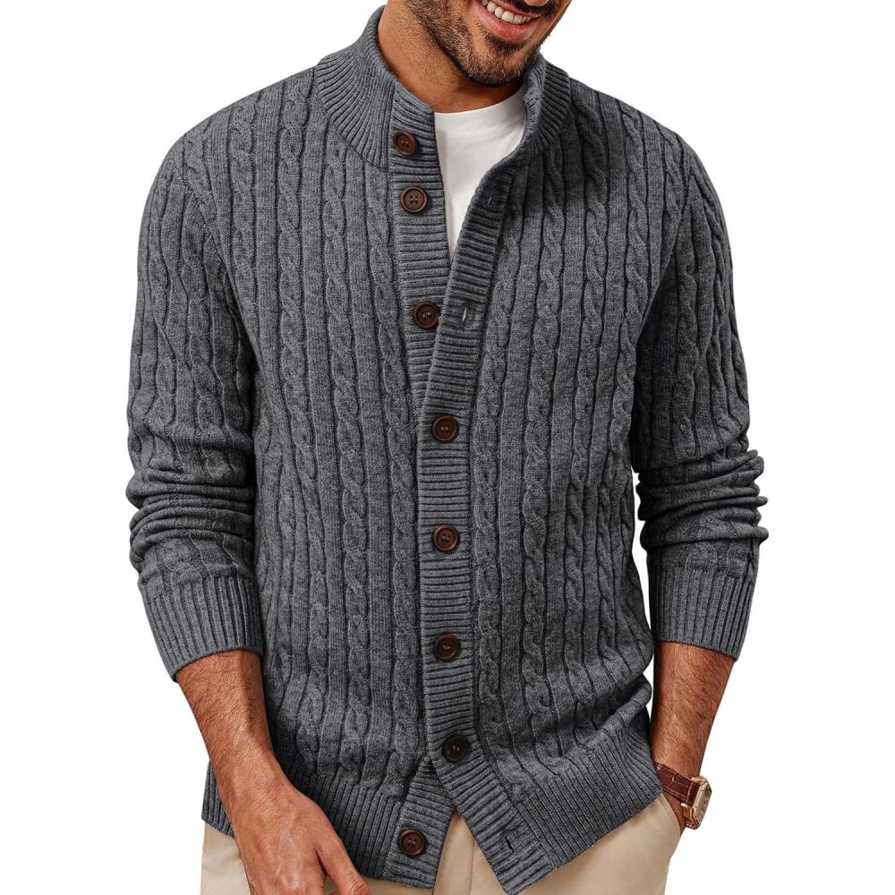 imagePJ PAUL JONES Mens Cardigan Sweater Button Up Stand Collar Sweater Knit Textured SweatersDark Grey
