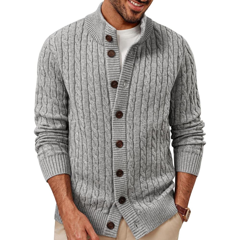 imagePJ PAUL JONES Mens Cardigan Sweater Button Up Stand Collar Sweater Knit Textured SweatersLight Grey