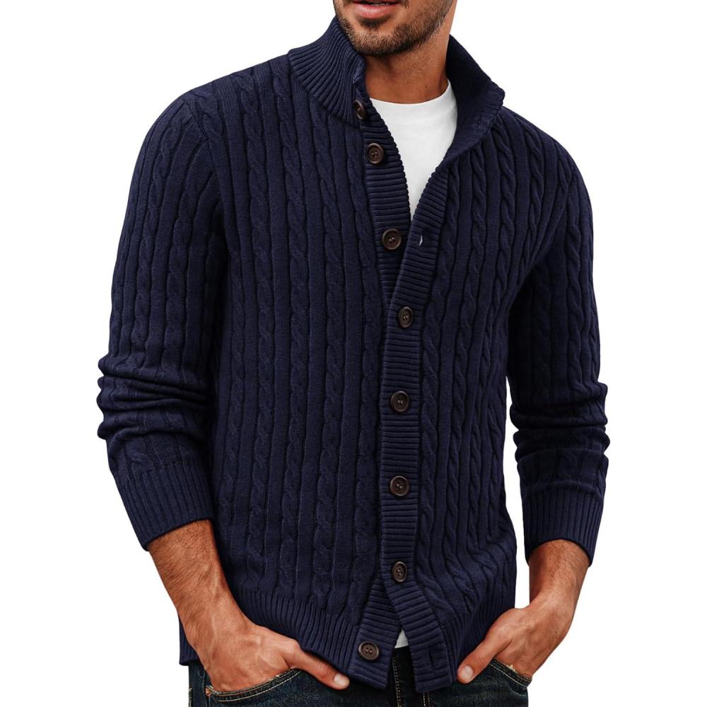 imagePJ PAUL JONES Mens Cardigan Sweater Button Up Stand Collar Sweater Knit Textured SweatersNavy Blue
