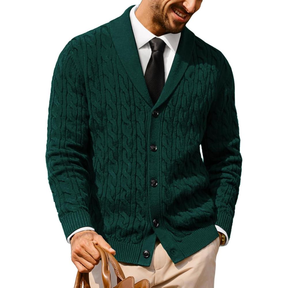 imagePJ PAUL JONES Mens Cardigan Sweater Cable Knit Sweaters Shawl Collar Texture Solid CardigansDark Green