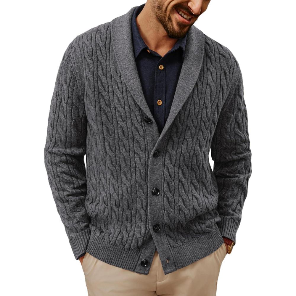 imagePJ PAUL JONES Mens Cardigan Sweater Cable Knit Sweaters Shawl Collar Texture Solid CardigansDark Grey