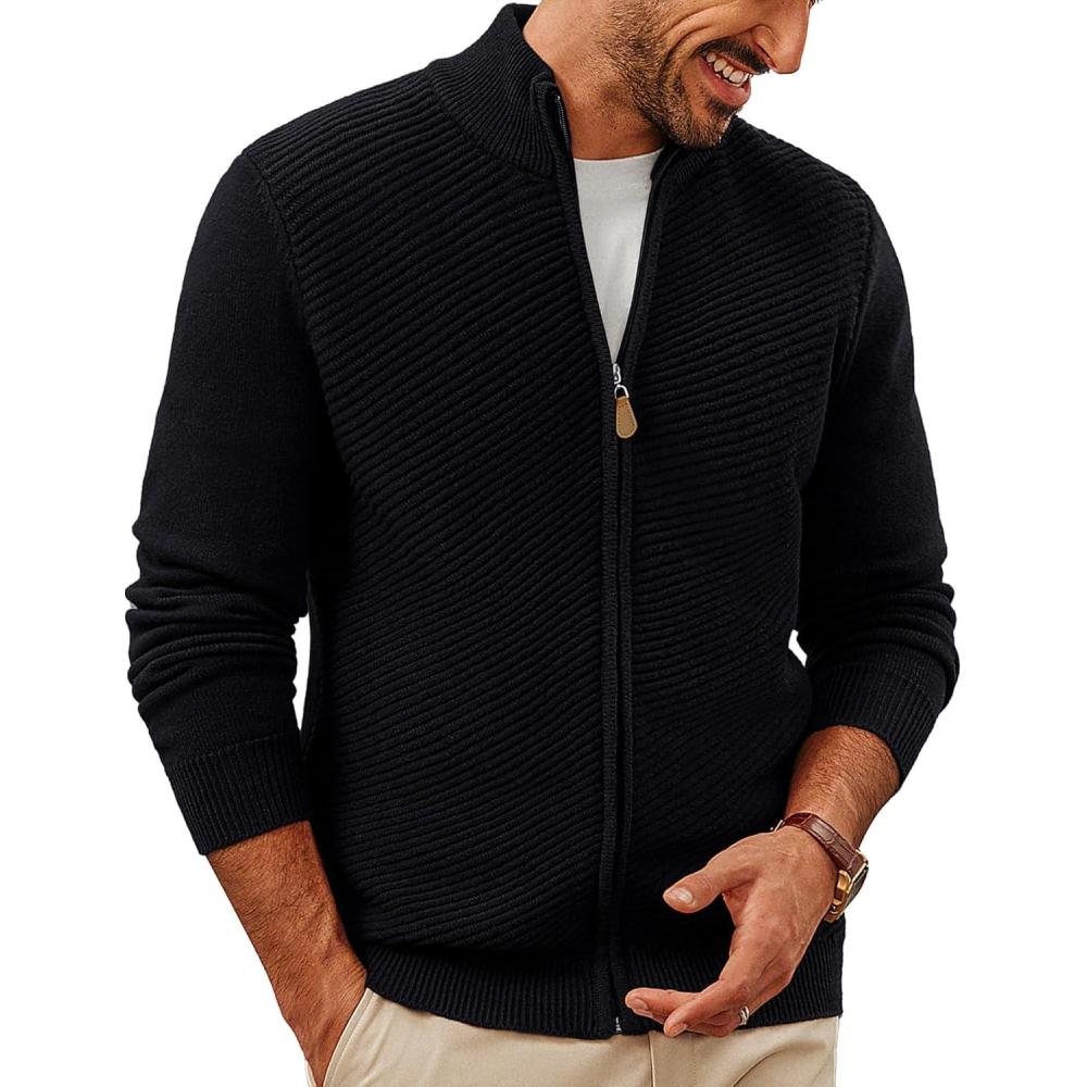 imagePJ PAUL JONES Mens Cardigan Sweater Full Zip Up Stand Collar Cardigans Fall Casual Knit SweatersBlack