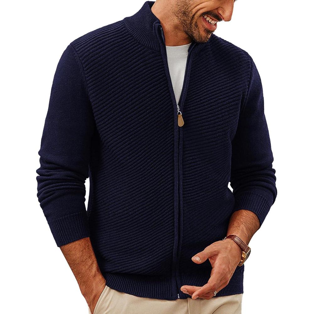 imagePJ PAUL JONES Mens Cardigan Sweater Full Zip Up Stand Collar Cardigans Fall Casual Knit SweatersNavy Blue