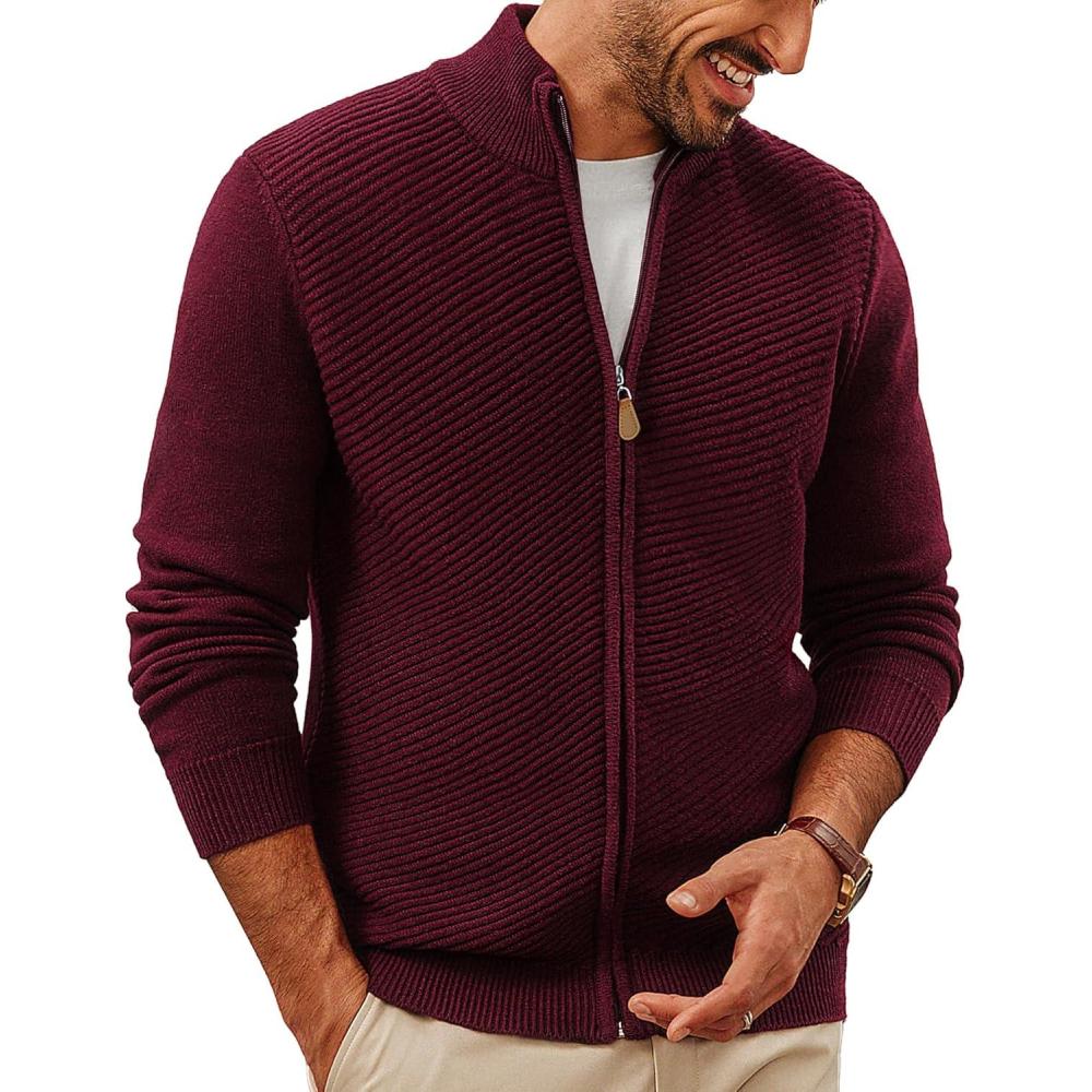 imagePJ PAUL JONES Mens Cardigan Sweater Full Zip Up Stand Collar Cardigans Fall Casual Knit SweatersWine Red