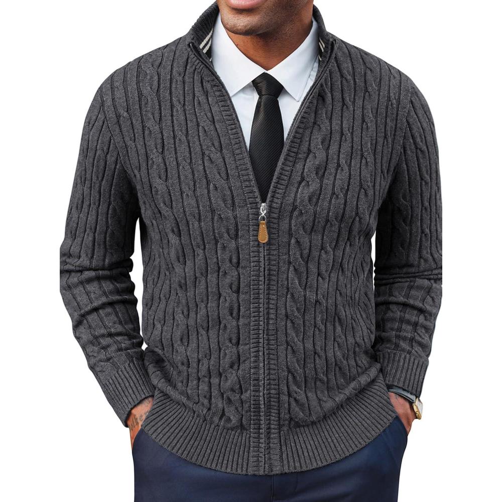 imagePJ PAUL JONES Mens Cardigan Sweater Full Zip Up Stand Collar Cardigans Long Sleeve Knitted SweatersDark Gray