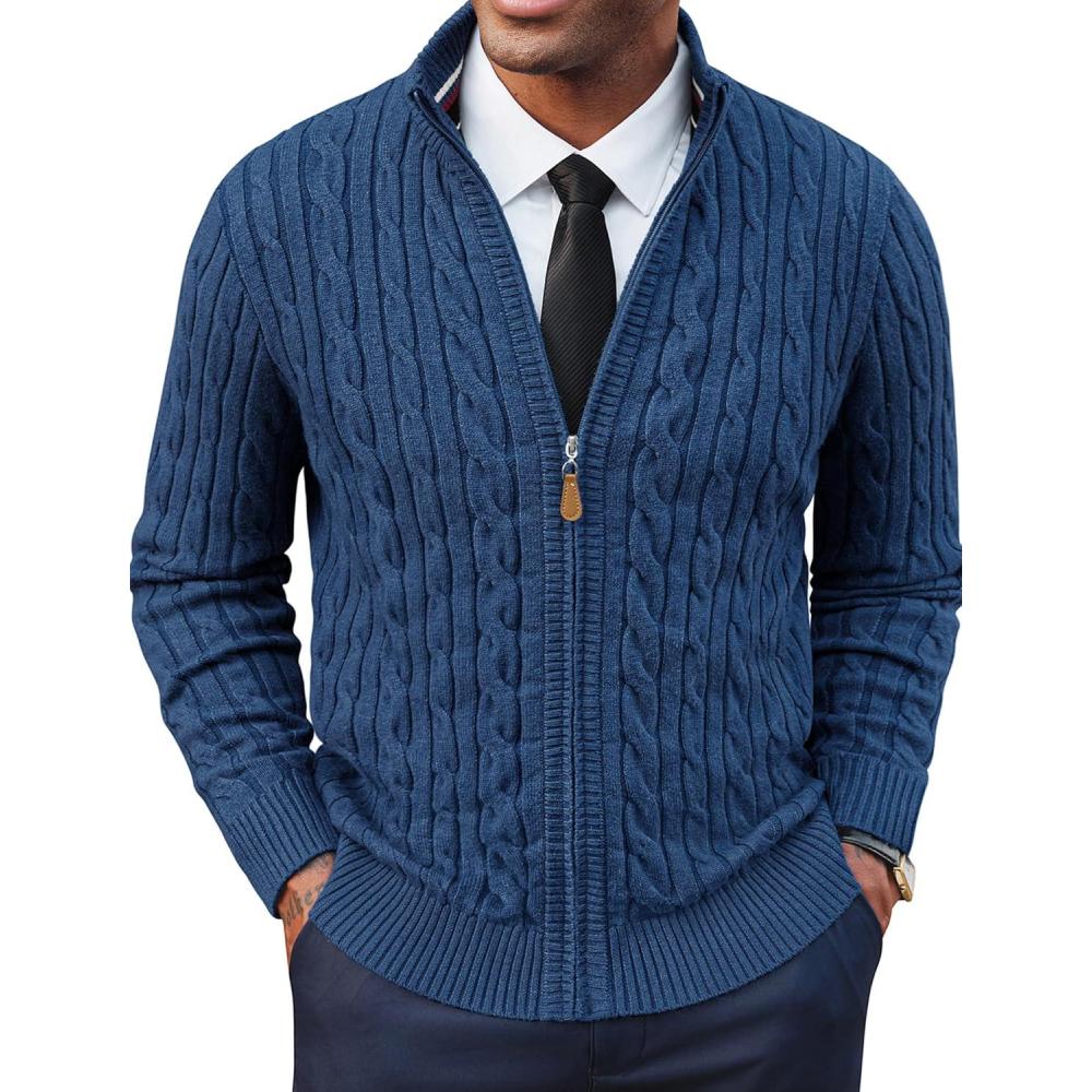 imagePJ PAUL JONES Mens Cardigan Sweater Full Zip Up Stand Collar Cardigans Long Sleeve Knitted SweatersIndigo Blue