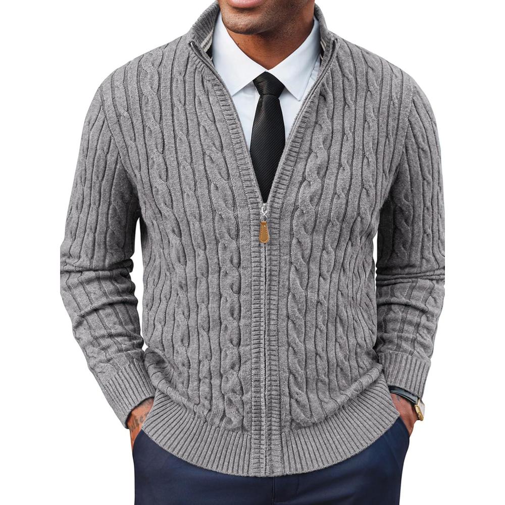 imagePJ PAUL JONES Mens Cardigan Sweater Full Zip Up Stand Collar Cardigans Long Sleeve Knitted SweatersLight Grey