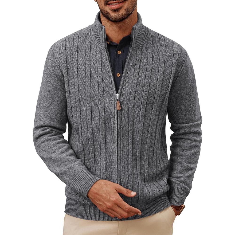 imagePJ PAUL JONES Mens Cardigan Sweater Full Zip Up Sweater Ribbed Knit Stand Collar CardigansDark Gray
