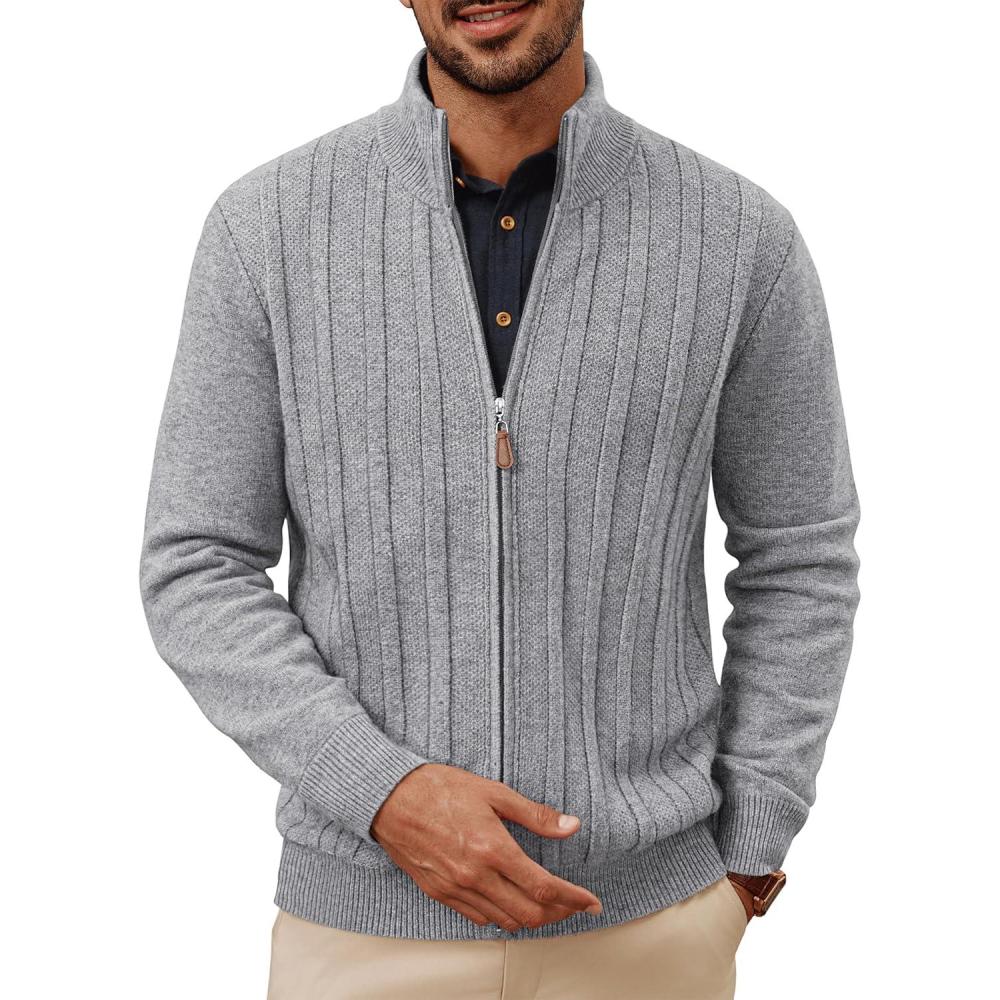imagePJ PAUL JONES Mens Cardigan Sweater Full Zip Up Sweater Ribbed Knit Stand Collar CardigansGrey