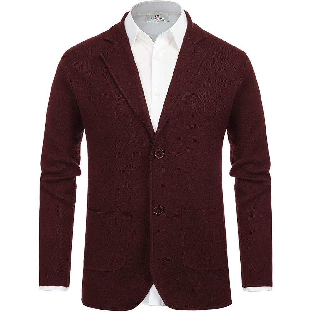 imagePJ PAUL JONES Mens Cardigan Sweater Shawl Collar Button Down Knit Blazer Jacket KnitwearBurgundy
