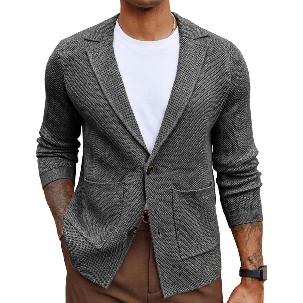 imagePJ PAUL JONES Mens Cardigan Sweater Shawl Collar Button Down Knit Blazer Jacket KnitwearDark Grey B