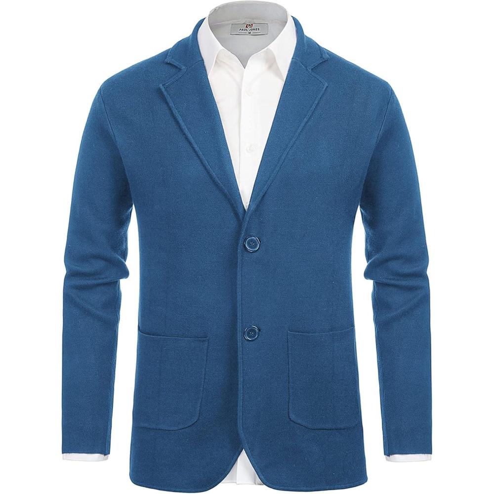 imagePJ PAUL JONES Mens Cardigan Sweater Shawl Collar Button Down Knit Blazer Jacket KnitwearDenim Blue