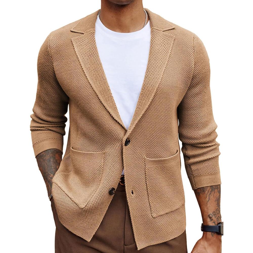 imagePJ PAUL JONES Mens Cardigan Sweater Shawl Collar Button Down Knit Blazer Jacket KnitwearKhaki B