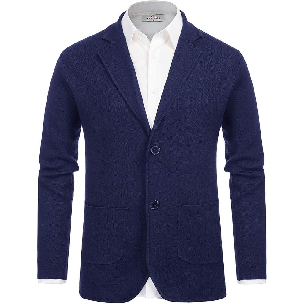imagePJ PAUL JONES Mens Cardigan Sweater Shawl Collar Button Down Knit Blazer Jacket KnitwearRoyal Blue