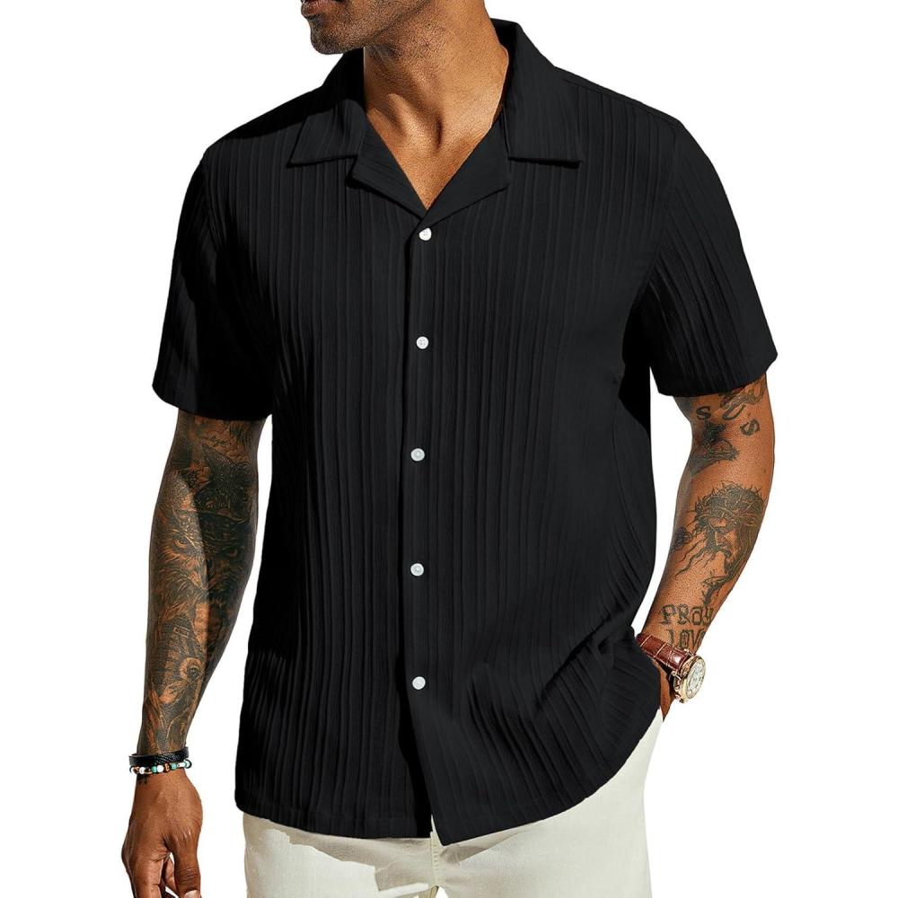 imagePJ PAUL JONES Mens Casual Button Down Shirts  Short Sleeve Summer Textured Beach WrinkleFree ShirtsBlack