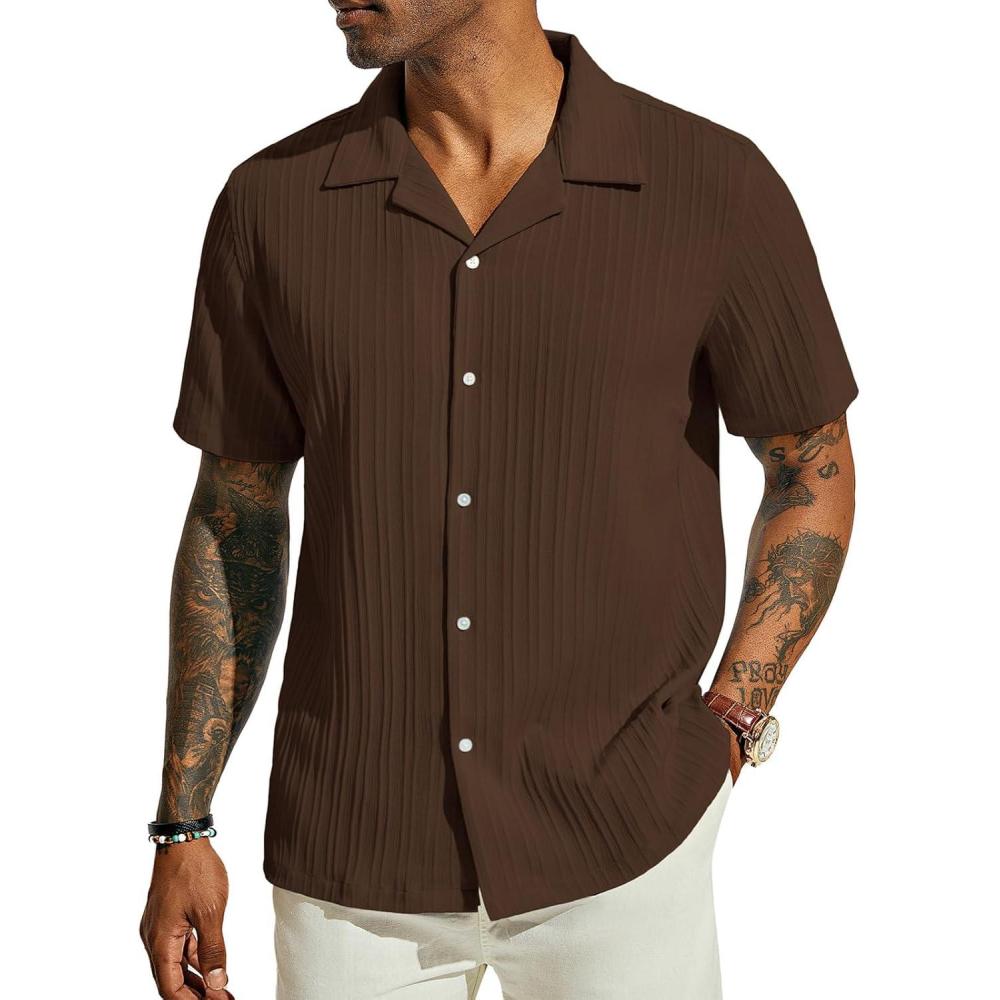 imagePJ PAUL JONES Mens Casual Button Down Shirts  Short Sleeve Summer Textured Beach WrinkleFree ShirtsCoffee