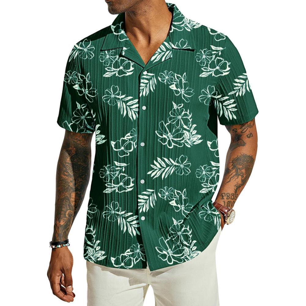 imagePJ PAUL JONES Mens Casual Button Down Shirts  Short Sleeve Summer Textured Beach WrinkleFree ShirtsDark Greenfloral