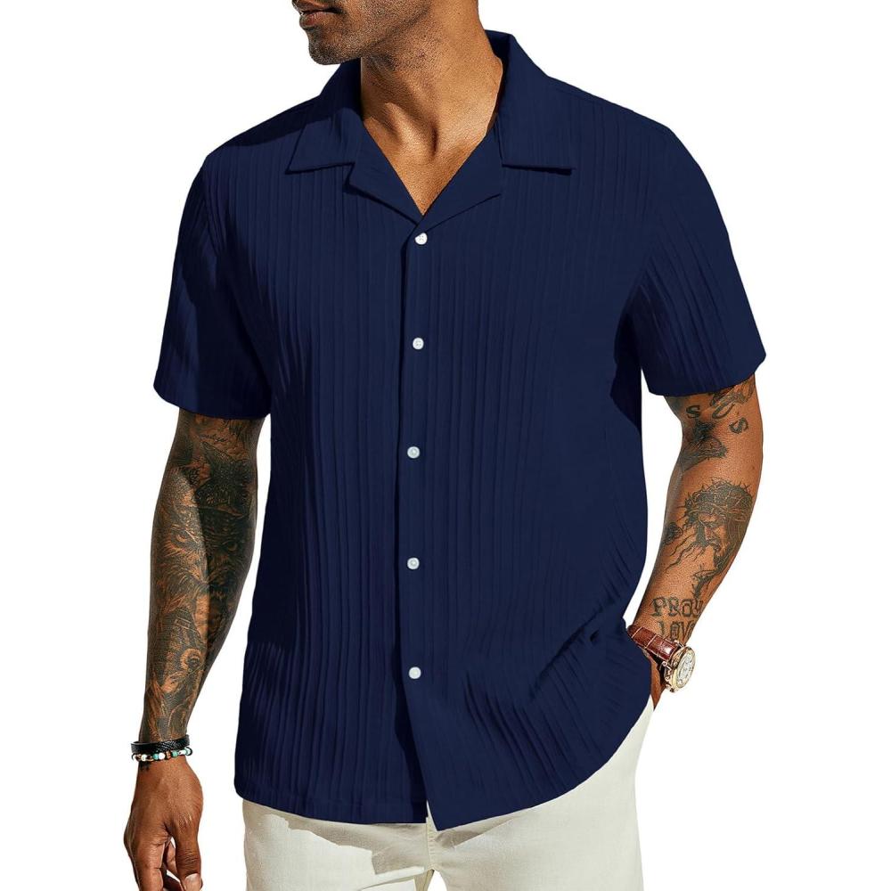 imagePJ PAUL JONES Mens Casual Button Down Shirts Short Sleeve Summer Textured Beach WrinkleFree ShirtsDeep Blue