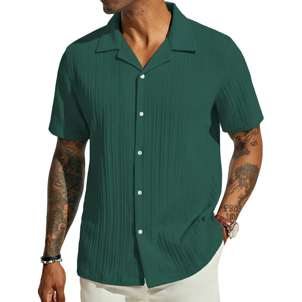 imagePJ PAUL JONES Mens Casual Button Down Shirts Short Sleeve Summer Textured Beach WrinkleFree ShirtsDeep Green