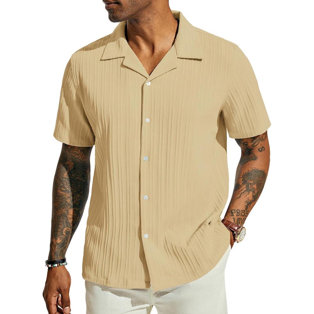 imagePJ PAUL JONES Mens Casual Button Down Shirts Short Sleeve Summer Textured Beach WrinkleFree ShirtsKhaki