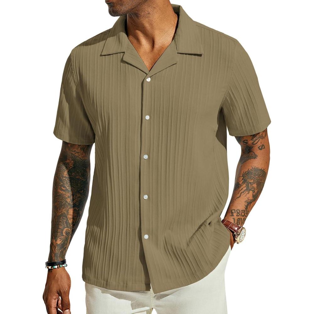imagePJ PAUL JONES Mens Casual Button Down Shirts  Short Sleeve Summer Textured Beach WrinkleFree ShirtsKhakigreen