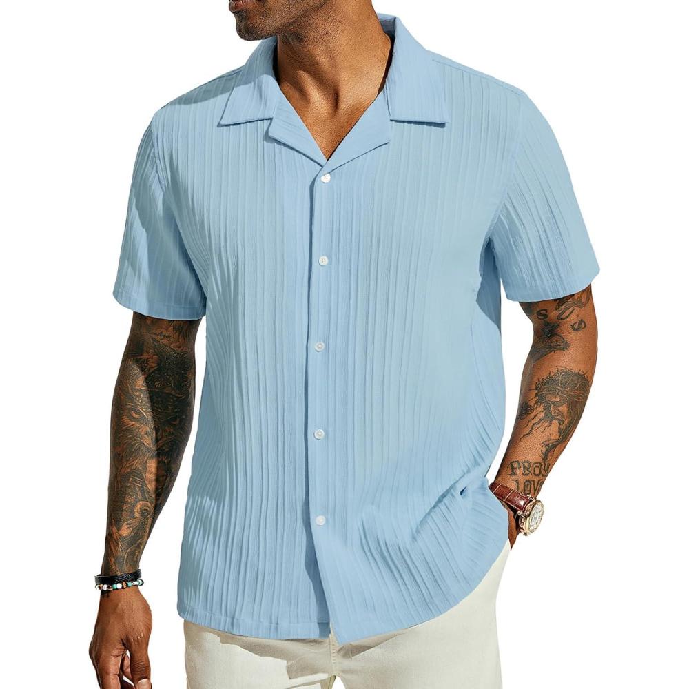 imagePJ PAUL JONES Mens Casual Button Down Shirts  Short Sleeve Summer Textured Beach WrinkleFree ShirtsLight Blue