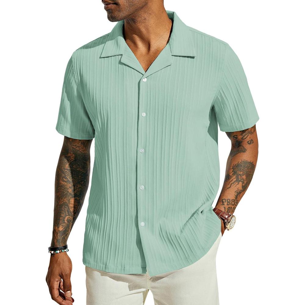 imagePJ PAUL JONES Mens Casual Button Down Shirts Short Sleeve Summer Textured Beach WrinkleFree ShirtsLight Green