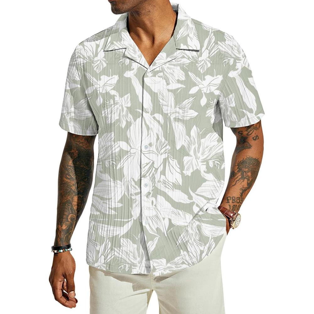 imagePJ PAUL JONES Mens Casual Button Down Shirts Short Sleeve Summer Textured Beach WrinkleFree ShirtsLight Greenfloral