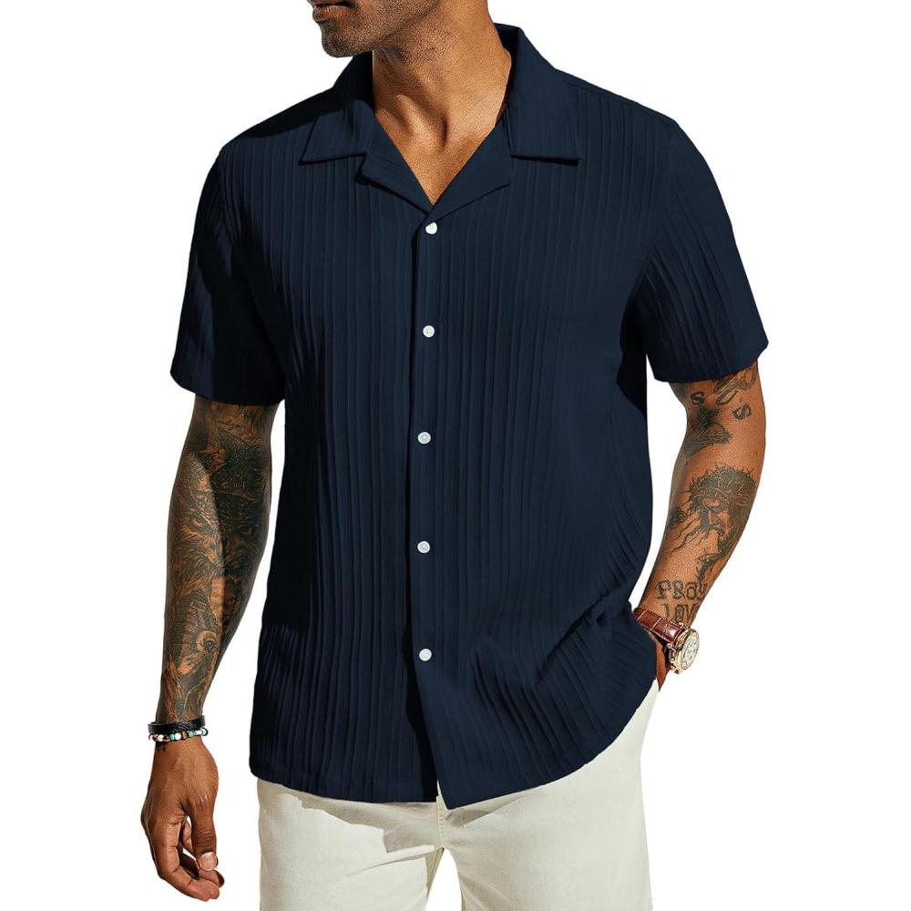 imagePJ PAUL JONES Mens Casual Button Down Shirts Short Sleeve Summer Textured Beach WrinkleFree ShirtsNavy