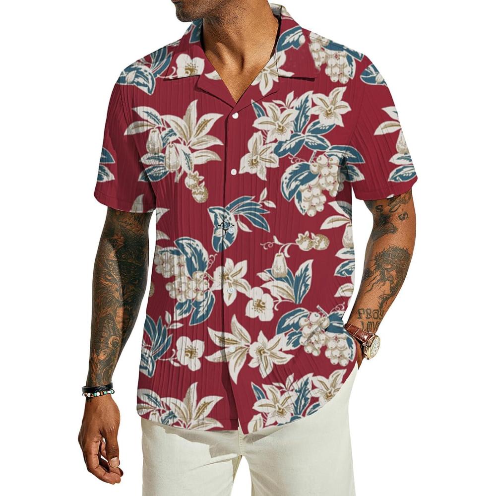 imagePJ PAUL JONES Mens Casual Button Down Shirts Short Sleeve Summer Textured Beach WrinkleFree ShirtsRedfloral