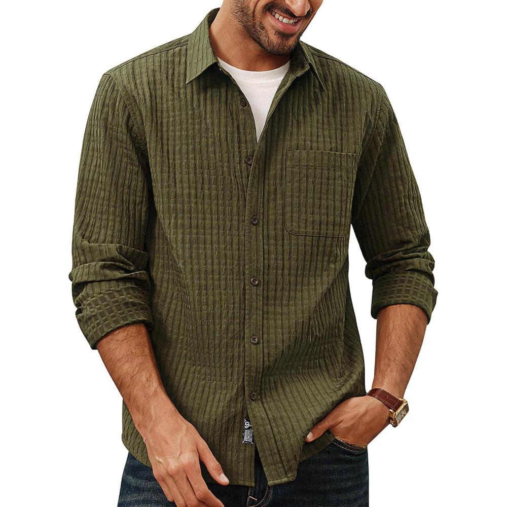 imagePJ PAUL JONES Mens Casual Button Down Shirts Long Sleeve Textured Wrinkle Free Untucked Shirt with PocketArmy Green