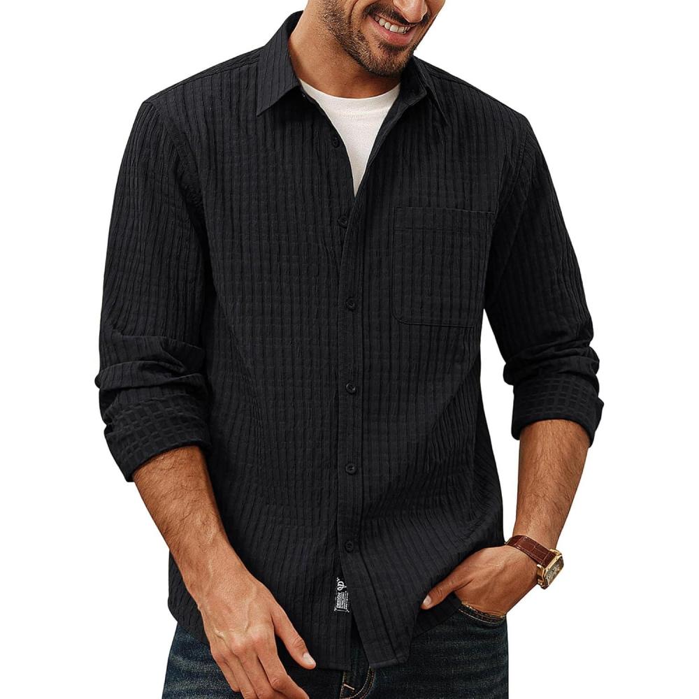 imagePJ PAUL JONES Mens Casual Button Down Shirts Long Sleeve Textured Wrinkle Free Untucked Shirt with PocketBlack