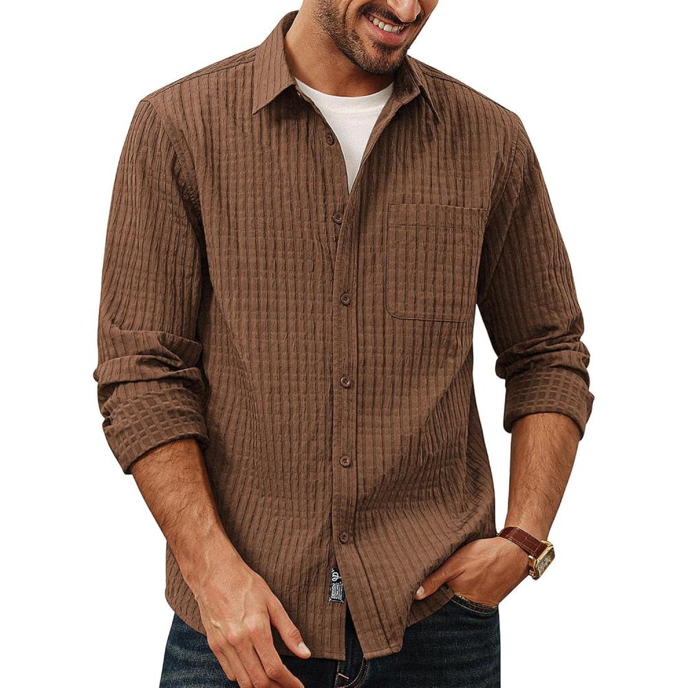 imagePJ PAUL JONES Mens Casual Button Down Shirts Long Sleeve Textured Wrinkle Free Untucked Shirt with PocketBrown